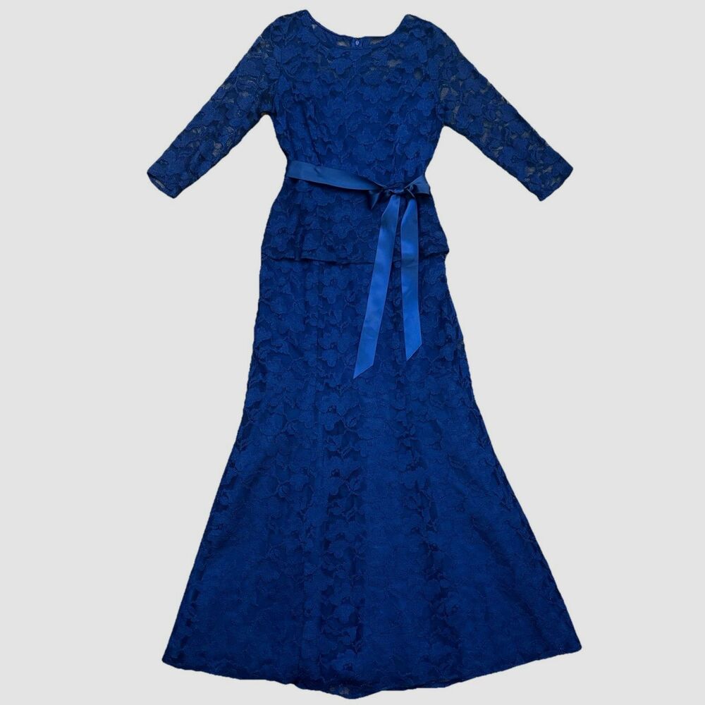 Leslie Fay Lined Blue Lace Wedding Formal Maxi Dress Peplum Lace Illusion Gown